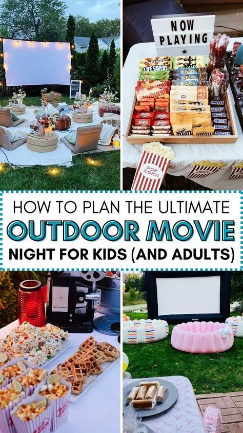 Looking for inspiration to host an unforgettable backyard movie night for kids? Our blog post has you covered with fantastic outdoor movie night ideas, including setting up a popcorn bar, arranging cozy seating, and providing delicious snacks. Create a fun and entertaining movie night that kids will enjoy with our helpful tips and tricks. Movie Night In Backyard Party Ideas, Backyard Birthday Movie Night, Hosting An Outdoor Movie Night, Outdoor Movie Party Ideas Backyards, Outdoor Family Movie Night Ideas, Outdoor Family Movie Night, Backyard Movie Ideas, Backyard Movie Set Up, Outdoor Movie Decor