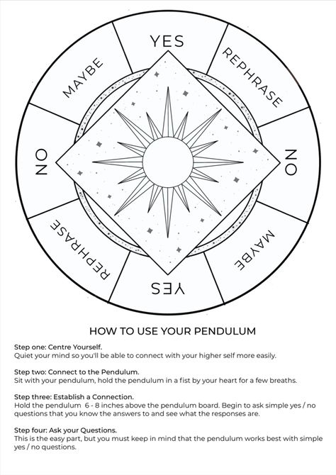 Grab our FREE pendulum board printable with easy to understand guide on how to use your pendulum. Book Of Shadows Pendulum, How To Use Pendulum Board, Pendulum Grimoire Page, Pendulum For Beginners Chart, Questions For Pendulum, Pendulum Uses, Pendulum Board Ideas, How To Make A Pendulum Board, Crystal Pendulum How To Use