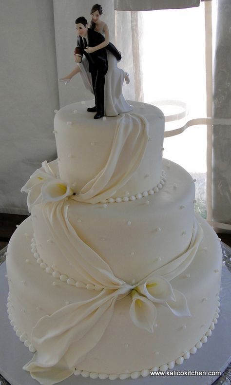 Wedding Cakes- 3 tier, fondant, draped fondant, lilies Layer Wedding Cake, Wedding Cake Elegant, Cakes Without Fondant, Wedding Cake Simple Elegant, Fancy Wedding Cakes, Cake Elegant, Wedding Cake Pearls, Beautiful Wedding Cake, Wedding Anniversary Cakes