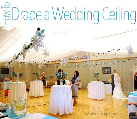 How to Drape a Wedding Ceiling with material:  transform any party space to something soft and elegant. Wedding Draping, Wedding Reception Hall, Draping Wedding, Decor Ceiling, Wedding Ceiling, Ceiling Draping, Wedding Hall Decorations, Diy Ceiling, Wedding Hall