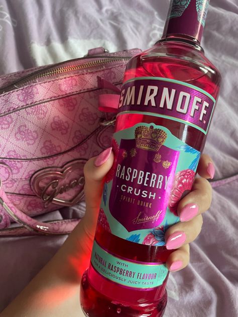 Smirnoff Aesthetic, Pink Smirnoff, Raspberry Smirnoff, Cocktail Party Aesthetic, Pink Alcoholic Drinks, Smirnoff Cocktail, Smirnoff Raspberry, Pink Alcohol, Bedazzled Liquor Bottles