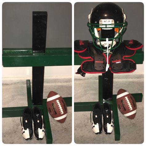 Football Gear tree Football Pads And Helmet Storage, Football Storage, Playroom Remodel, Football Shoulder Pad, Football Room, Football Rooms, Football Pads, Helmet Storage, Football Ideas