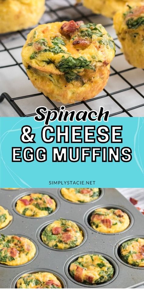 Spinach & Cheese Egg Muffins A mini frittata made with bacon, onions, cheese and spinach. Always a breakfast fave! Egg Frittata Recipes, Spinach And Eggs Breakfast, Fritata Recipe, Spinach Frittata Recipes, Breakfast Cups Recipe, Recipe For Spinach, Spinach Eggs, Bacon Egg Muffins, Veggie Muffins