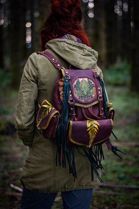 Buy Handcrafted Woodland Leather Backpack - Customizable with Modular Detachable Pockets at Lotus Leather! Fern Design, Dark Mori, Brown Leather Backpack, Antique Brass Hardware, Forest Floor, Hand Tooled Leather, Deep Brown, Green Tones, Tooled Leather