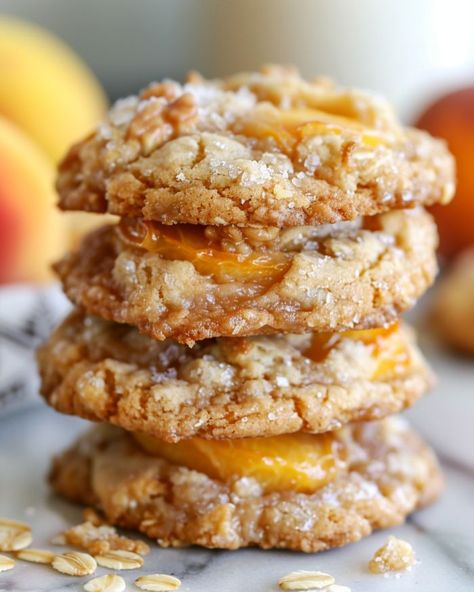 I think this is the best I've ever nailed this recipe. It's fantastic! Peach Crumble Cookies, Peach Snickerdoodle Cookies, Peach Cobbler Cookies Recipe, Peaches Cookies, Buiscits Recipes, Apricot Cookies Recipe, Tall Cookies, Peach Cobbler Cookies, Peach Cookies Recipe