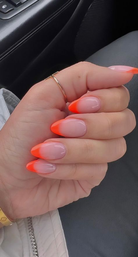 Hot Orange French Tip Nails, Coral Red French Tip Nails, Coral Orange French Tip Nails, Bright Summer Nails French Tips, Bright Orange Tip Nails, Bright French Tip Nails Almond, Neon Orange French Tip Nails Almond, French Tip Coral Nails, Neon Colored French Tip Nails