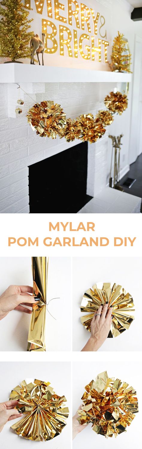 Gold mylar pom garland DIY #pompoms #garland #fireplacedecor #thanksgivingdecor #holidaydecor Pom Garland Diy, Diy Pompoms, Laura Gummerman, Cheer Pom Poms, Diy Pom Poms, Rainbow Christmas, Garland Diy, Mom Party, Thanksgiving Decorations Diy