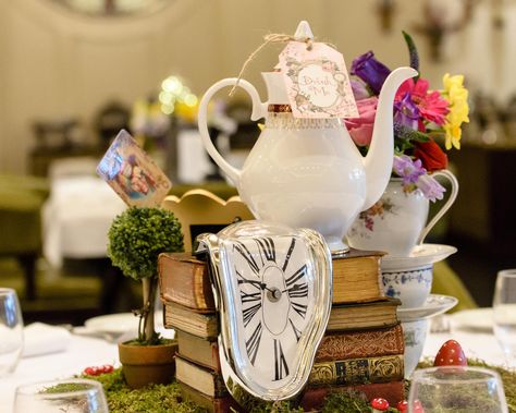 White Rabbit Decorations, Alice In Wonderland Event Decor, Alice In Wonderland Tea Party Tablescape, Alice In Wonderland Tea Party Centerpiece, Alice In Wonderland Wedding Centerpiece, Alice In Wonderland Gift Table, Whimsical Wonderland, Alice In Wonderland Wedding Decorations, Alice In Wonderland Table Centerpieces