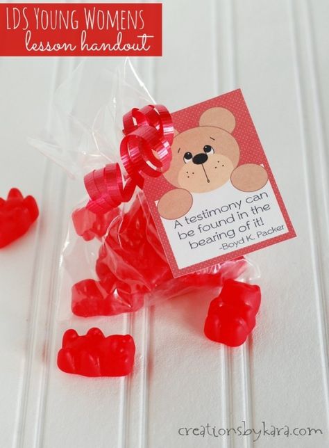 LDS YW Bearing Testimony Handout -so cute! Could also work with gummy bears or teddy grahams. Testimony Quotes, Yw Handouts, Lds Handouts, Lds Yw, Lds Lessons, Activity Day Girls, Teddy Grahams, Yw Activities, Lds Youth