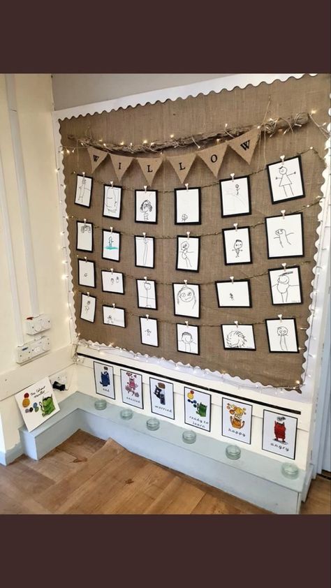 Natural Classroom Displays Boards, Fs1 Classroom Ideas, Natural Year 1 Classroom, Classroom Art Gallery, The Colour Monster Display, Nature Based Classroom Decor, Natural Display Boards Eyfs, Colour Monster Display, Natural Classroom Displays