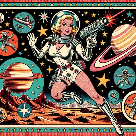 Space Age Pinup, Sci Fi Pinup, 1960s Space Age Aesthetic, 50s Art Vintage Posters, 1940s Comics, Vintage Comics Women, 1960s Comics, Space Comic Art, 70s Sci Fi Art Retro Futurism