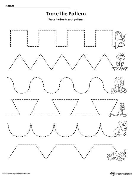 Trace the Pattern Printable Worksheet. Preschool tracing patterns in this printable worksheet. Trace Patterns Preschool, Music Tracing Worksheets, Grade Rr Worksheets Free Printable, Playschool Worksheets, Pattern Activities Preschool Free Printables, Trace The Lines Preschool Printables, Pattern Writing Worksheets, Free Preschool Worksheets Free Printables, Preschool Writing Printables