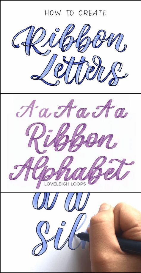 Learn the art of ribbon lettering with this lettering tutorial from Loveleigh Loops! Here you'll find a ribbon lettering tutorial shat shows you how to do the letters of the alphabet. Click to see a step-by-step guide on how to do ribbon lettering that lets you turn your own hand lettering into something truly spectacular. Follow Loveleigh Loops for more lettering tutorials and calligraphy guides! Lettering Tutorial Alphabet, Ribbon Lettering, Hand Lettering Alphabet Fonts, Font Love, Alfabet Font, Fonts Handwriting Alphabet, Lettering Styles Alphabet, Design Alphabet, Lettering Guide