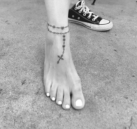 Cross Anklet Tattoo, Rosary Thigh Tattoo, Rosary Tattoo Ankle, Rosary Foot Tattoo, Womens Ankle Tattoos, Rosary Tattoo On Ankle, Rosary Ankle Tattoos, Wrap Around Ankle Tattoos, Rosary Bead Tattoo