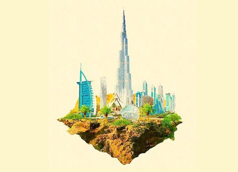 Citywalk Dubai, Arab Poster, Uae Drawing, Floating Land, Dubai Illustration, Drawing Ideas Sketch, Newspaper Design Layout, Dubai 2023, Ideas Sketch