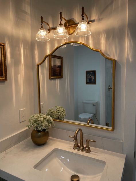 Guest Bathroom inspo Half Bath With Gold Fixtures, Half Bathroom Ideas Vintage, Bathroom Gold Faucet, Gold Accented Bathroom, Guest Bathroom With Window, Small Spare Bathroom Ideas, Southern Guest Bathroom, Extra Bathroom Space Ideas, Gold Restroom Decor Ideas