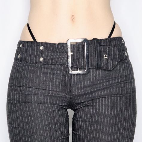 Low Rise Pinstripe Pants Outfit, 5’3 Height, Hardware On Clothing, Belt Over Dress, Low Rise Flare Pants, Grommet Belt, Belt Jeans, Buckle Pants, Belt Pants