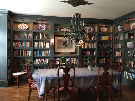 Study In Dining Room Home Office, Dining Room And Bookshelf, Floor To Ceiling Bookshelves Dining Room, Library Wall Dining Room, Dining Room With Books, Dining Room With Library Wall, Library Dinner Room, Turn Dining Room Into Library, Dining Library Combo