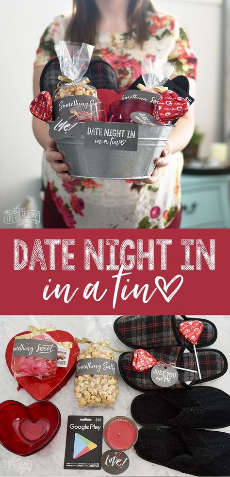 Date night in a tin Date Night Basket, Valentines Day Gifts Boyfriends, Valentines Bricolage, Diy Gifts For Girlfriend, Valentines Day Baskets, Gift Baskets For Him, Date Night Gifts, Valentine Gift Baskets, Valentine Baskets