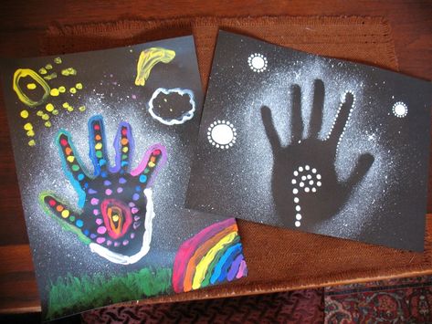 January 22nd, 2013...Aboriginal handprint art project with Cyrus...his on the left, mine on the right :) Aboriginal Art For Kids, Aboriginal Dreamtime, Indigenous Studies, Aboriginal Education, Aboriginal Culture, Handprint Art, Australian Art, Childrens Crafts, Indigenous Art