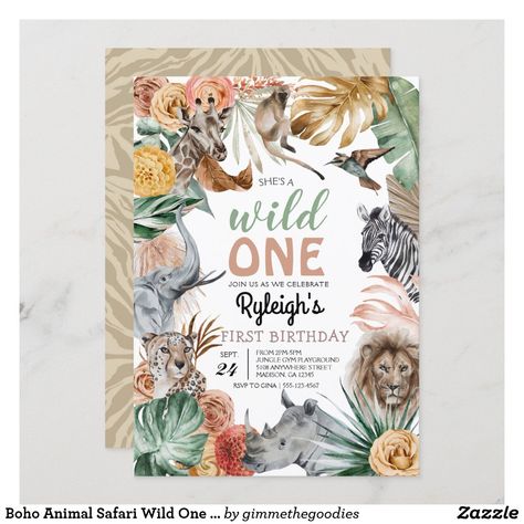 Boho Animal Safari Wild One Birthday Invitation Weding Invitation, Three Birthday, Invitation Inserts, Third Birthday Invitations, Wild One Birthday Invitations, Animal Birthday Invitation, Jungle Safari Party, Animal Safari, Safari Birthday Party