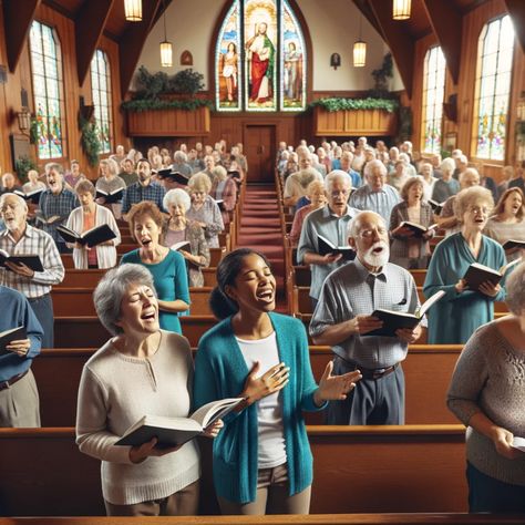 A Baptist church congregation engaged in congregational singing, with people of various descents holding hymnals and singing joyfully. The church interior is traditional, with wooden pews and stained glass windows, evoking a sense of community and devotion. People Praying In Church, Singing Pics, Praying In Church, Praying For People, Biblical Images, Christ Painting, Going To Church, Church Images, Jesus Christ Painting