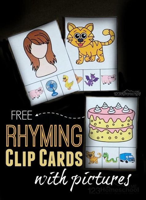 Rhyming Clip Cards, Cards With Pictures, Rhyming Pictures, Free Worksheets For Kids, Preschool Play, Teaching Language, Learning New Things, Rhyming Activities, Kindergarten Resources