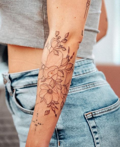 Bunami Ink, Dainty Flower Tattoos, Floral Arm Tattoo, Forearm Flower Tattoo, Wrap Tattoo, Band Tattoos, Wildflower Tattoo, Beautiful Flower Tattoos, Flower Tattoo Arm