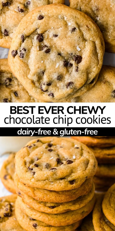 These dairy-free chocolate chip cookies taste just like the classic Nestle Tollhouse recipe but have no dairy, making them perfect if you are looking for the best dairy-free cookies. Chewy middle with crisp edges, soft on the inside, and lots of chocolatey goodness will have you in disbelief that these are dairy-free! Dairy Free Dessert Cookies, Dessert Recipes Gluten Free Dairy Free, Gluten And Dairy Free Cookies, Dairy Free Cookie Recipes, Allergy Free Cookies, Gluten Free Dairy Free Cookies, Nestle Tollhouse, Dairy Free Cookie Recipe, Dairy Free Chocolate Chip Cookies