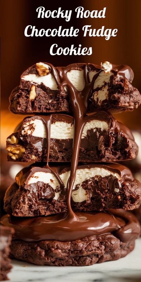 Rocky Road Chocolate Fudge Cookies - Emma's Cake Studio Best Stuffed Cookie Recipes, Fudge Cookie Recipe, Rocky Road Cookies, Rocky Road Chocolate, Rocky Road Brownies, Baking Biscuits, Rocky Road Fudge, Rocky Road Recipe, Chocolate Fudge Cookies