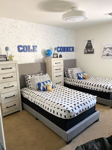 Room Ideas For Brothers, 2 Boy Room Ideas, Brothers Shared Room Ideas, Twin Beds In Small Room Shared Bedrooms, Two Twin Beds In One Room Boys, Twin Boy Toddler Room, Twin Boy Room Ideas Toddler, Boys Sharing Room Ideas, Boys Room With Twin Beds