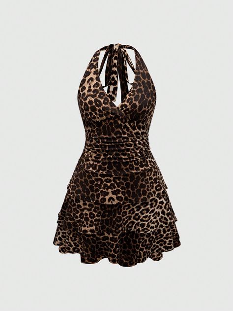 Brown Sexy Collar Sleeveless Knitted Fabric Animal A Line Embellished High Stretch  Women Clothing Cheetah Print Hoco Dress, Leopard Mini Dress, Cheetah Print Dress Outfit, Vestidos Grunge, Halter Dress Outfit, Animal Print Aesthetic, Leopard Print Clothes, Animal Print Clothes, Leopard Print Dresses