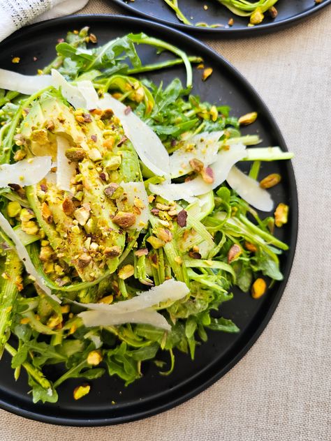 Shaved Asparagus and Arugula Salad with Parmesan, Crushed Pistachios and Lemon Vinaigrette - Women of Today Pomegranate Seeds Recipe, Shaved Asparagus, Vegetarian Drinks, Cheese Salad Recipes, Shredded Brussel Sprout Salad, Arepas Recipe, Gluten Free Lemon Bars, Pork Recipes Easy, 2024 Recipes