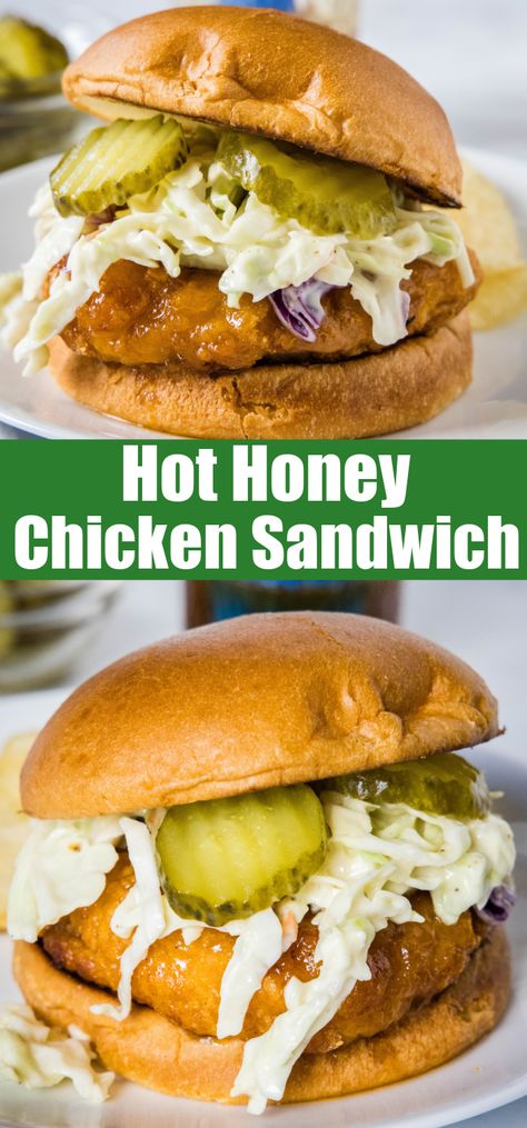 Make a hot honey chicken sandwich with crispy chicken coated in spicy honey, served between fluffy burger buns with cool and crunchy coleslaw! #hothoney #chickensandwich #copycatrecipe Spivey Chicken Sandwich, Hot Honey Chicken Wrap, Hot Honey Chicken Sandwich, Honey Chicken Sandwich, Crunchy Coleslaw, Sandwiches Chicken, Hot Honey Chicken, Fun Drink Recipe, Spicy Chicken Sandwiches