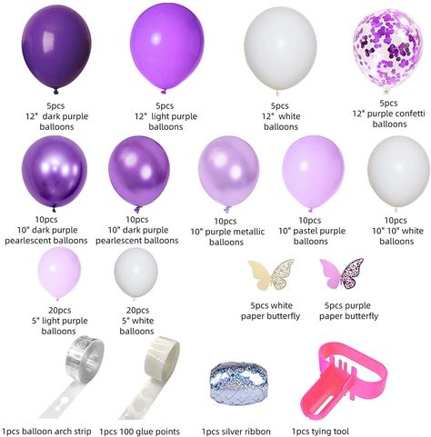 "🎈Purple Balloon Garland Kit: 5pcs 12\" purple confetti balloons, 15pcs 12\" dark purple/light purple/white balloons, 40pcs 10\" pearlescent dark purple/pearlescent light purple/pastel purple/white balloons, 10pcs 10'' purple metallic balloons, 40pcs 5\" light purple/white balloons, 10pcs paper butterfly (5 purple, 5 white), 1pcs tying tool, 1pcs silver ribbon, 1pcs 100 glue points, 1pcs balloon arch strip, everything you need in one kit. 🎈Have A Noble Party Look: Using the elegant white purpl Purple Balloons Garland, Purple Baby Shower Decorations, Purple Balloon Garland, Purple Party Decorations, Purple Balloon, Purple Birthday Party, Butterfly Balloons, Purple Confetti, Baby Shower Purple