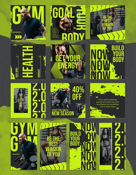 Gym or Fitness Club Instagram Post and Story Templates PSD Club Social Media, Gym Poster, Social Templates, Workout Posters, Instagram Fitness, Instagram Grid, Instagram Layout, Fitness Design, Story Templates