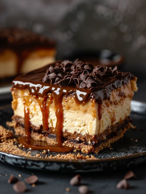 A rich, creamy delight topped with a luscious caramel layer and a chocolate ganache. Perfect for impressing guests or treating yourself to a luxurious dessert.🍫    𝗜𝗻𝗴𝗿𝗲𝗱𝗶𝗲𝗻𝘁𝘀: 📋  o 2 cups graham cracker crumbs o 1/2 cup unsalted butter, melted For the Cheesecake Layer: o 24 oz cream cheese, softened o 1 cup granulated sugar o 1 tsp vanilla extract o 3 large eggs o 1 cup heavy cream For the Caramel Layer: o 1 cup granulated sugar o 1/4 cup water o 1/2 cup heavy cream Millionaire Cheesecake, Gourmet Cheesecake, Cheesecake Layer, Cookie Recipes Unique, Chocolate Chip Cheesecake, Yummy Comfort Food, Dessert Ingredients, Cream Cheese Recipes, Graham Cracker