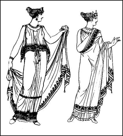 Grecian dress. Feminine Greek chiton costumes worn by women of ancient Greece. Greek Chiton, Ancient Greek Dress, Ancient Greece Fashion, Ancient Greek Costumes, Ancient Greek Clothing, Greek Hair, Greek Dress, Greek Costume, Greece Fashion