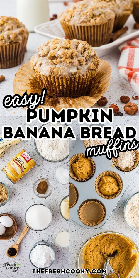 Bake these easy Pumpkin Banana Muffins packed with warm spices, ripe bananas, and a whole can of pumpkin. Perfect for snacks or breakfast! With secrets on how to get high-domed bakery style muffins, making jumbo muffins, regular or mini sized pumpkin banana bread muffins. Get the recipe via @thefreshcooky Whole Can Pumpkin Recipes, Pumpkin Banana Streusel Muffins, Pumpkin Spice Muffins Easy, Banana Muffins Mini, Recipes With Ripe Bananas, Pumpkin Banana Bread Muffins, Moist Banana Bread Muffins, Banana Pumpkin Muffins, Pumpkin Spice Mini Muffins