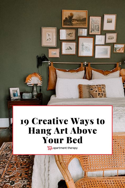 Looking for inspo on how to arrange artwork in your bedroom? These 19 rooms get it right when it comes to nailing the perfect placement of art hung above the bed. Wall Art For Above Door, Art Above Bed King, Picture Arrangements Above Bed, Hang Art Over Bed, Bedroom Photo Frames Above Bed, Over The Bed Gallery Wall, How To Place Art On Walls, Bedroom Wall Decor Diy Creative, Art Wall Above Bed