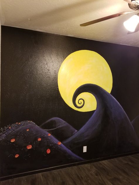 Nightmare Before Christmas Wall Painting, Tim Burton Aesthetic Bedroom, Nightmare Before Christmas Nursery Theme, The Nightmare Before Christmas Bedroom, Nightmare Before Christmas Wall Art, Nightmare Before Christmas Bedroom Decor, Jack And Sally Bedroom Ideas, Tim Burton Nursery Theme, The Night Before Christmas Drawings