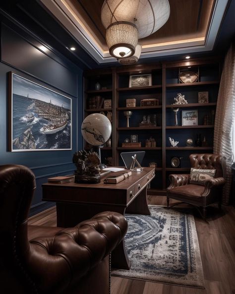 Nautical Homesteads 🛟 EP VI: Study room Variations Comment your fav slide 💙 | Instagram Decorating Office, Home Library Rooms, Bedroom Seating Area, Home Office Design Ideas, Office Design Ideas, Small Home Offices, Home Library Design, Home Libraries, Home Office Setup