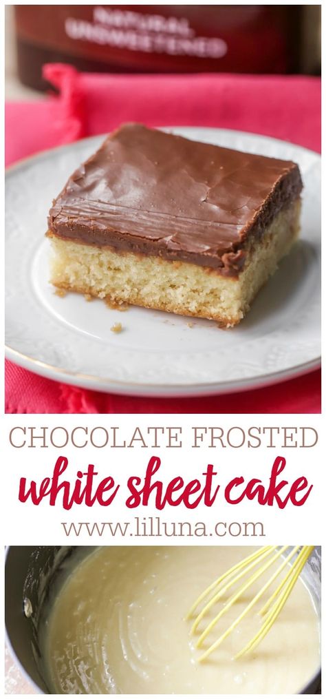 This White Sheet Cake with Chocolate Frosting is easy to make, melts in your mouth, and is always a crowd pleaser! #whitecake #whitesheetcake #chocolatefrosting #sheetcake #cake #dessert White Cake With Chocolate Frosting, Sheetcake Cake, White Sheet Cake, Chocolate Frosting Easy, Cornflake Tart, White Sheet Cakes, Homemade White Cakes, Vanilla Sheet Cakes, Texas Sheet Cake Recipe