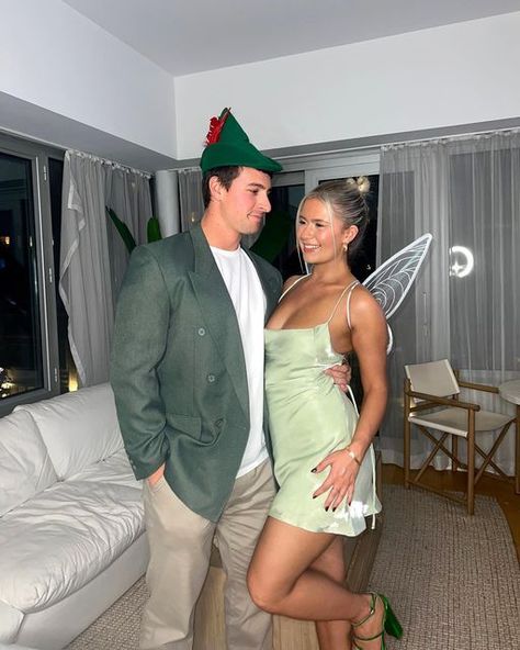 Tinker Ell Halloween Costume, Couple Halloween Costumes Tinkerbell And Peter Pan, Peterman And Tinkerbell Costume, Peter Pan Wendy And Tinkerbell Costumes, Peter Pan And Captain Hook Costumes, College Halloween Costume Couples, Tinker Bell Halloween Costume College, Tinker Bell Family Costume, Tinker Bell Peter Pan Costumes