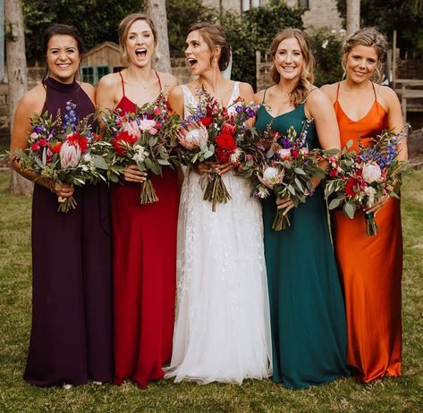 Unique Bridal Party Colors, Bridesmaid Dresses All Different Colors, Jewel Tone Bridesmaid Dresses Summer, Jewel Bridesmaid Dresses, Multicolor Bridesmaids, Jewel Toned Bridesmaid Dresses, Engagement Manifestation, Multi Color Bridesmaid Dresses, Multicolor Bridesmaid Dresses