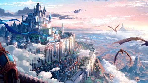 بيوت ملكية, Sky Castle, Fantasy Background, Fantasy City, Fantasy Castle, Biome, Fantasy Setting, Fantasy Places, Landscape Scenery