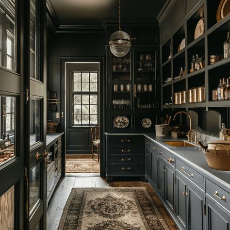 Dark Butlers Pantry, Dark Green Pantry, Moody Butlers Pantry, Shoji White Vs Alabaster, Small Butlers Pantry Ideas, Best Moody Paint Colors, Small Butlers Pantry, Moody Paint Colors, Whole House Color Palette