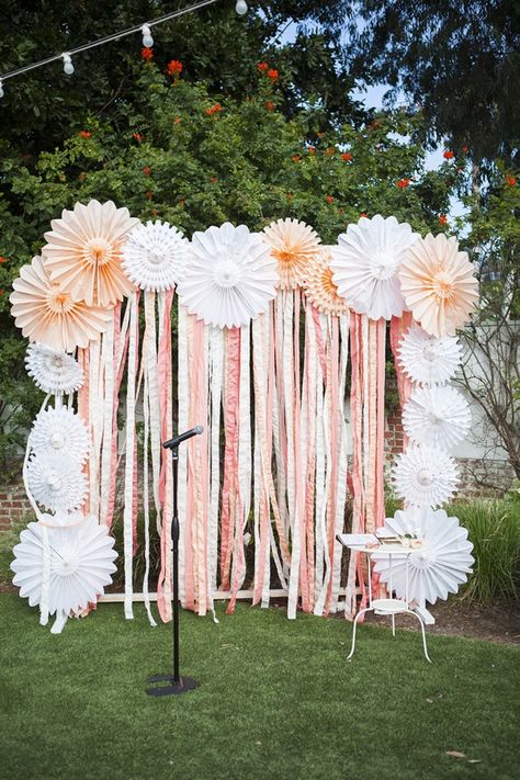 Tissue paper fan..instead of streamers substitute gray chevron fabric...fun photo backdrop Outdoor Photo Booths, Decor Photobooth, Ribbon Backdrop, Vintage Graduation, Booth Backdrops, Diy Wedding Backdrop, Summer Party Decorations, Tiffany Wedding, Diy Photo Booth