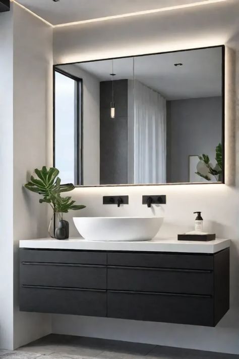 Floating black bathroom vanity with minimalist design Modern Bathroom Vanity Ideas, Bathroom Floating Vanity, Floating Vanity Bathroom, Black Modern Bathroom, Black Cabinets Bathroom, Bathroom Vanity Ideas, Black Bathroom Vanity, Bathroom Upstairs, Minimalist Vanity