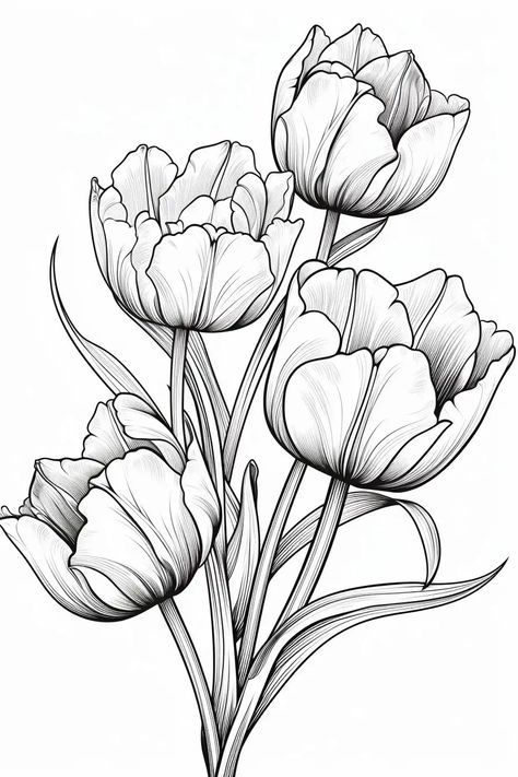 Tulip Flower Coloring Pages For Kids & Adults | Free Printables | Storiespub Scary Stories For Kids, Flower Coloring Pages For Kids, Tulip Drawing, Alphabet Drawing, Bee Coloring Pages, Draw Flowers, Diy Watercolor Painting, Number 0, Tulip Flower